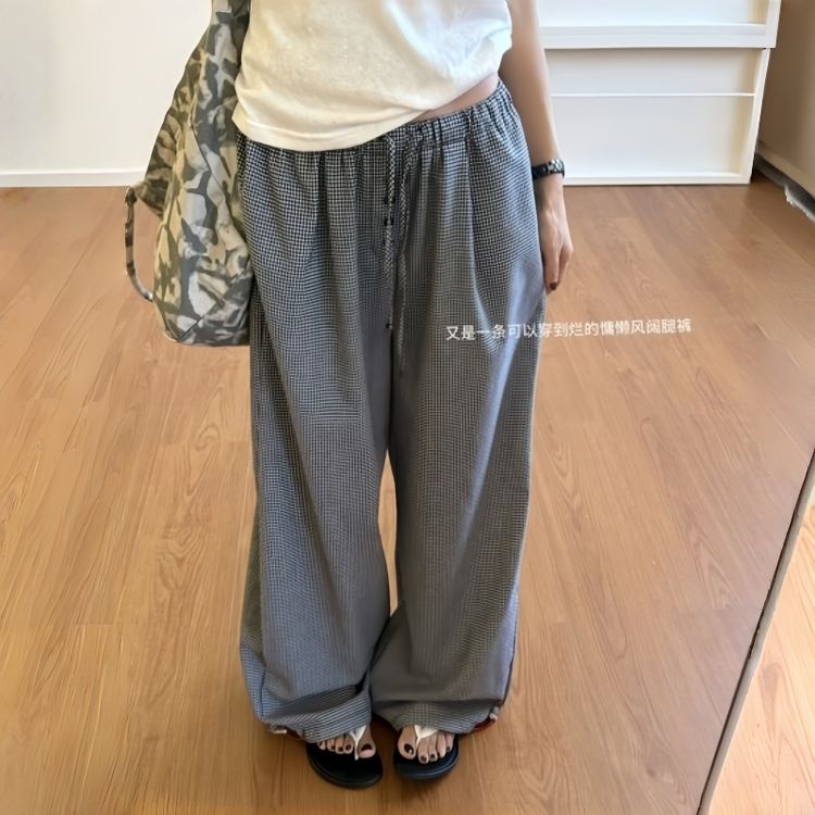 韩系慵懒风松弛感格子阔腿裤女夏季薄款高腰宽松显瘦直筒休闲裤子商品图