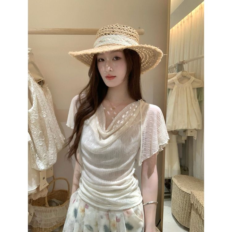 温柔风肌理感荡领上衣设计感小众女2026夏季别致褶皱短袖薄款T恤商品图