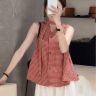 法式复古V领格子绑带无袖衬衫女2026夏季新款设计感系带显瘦上衣商品图