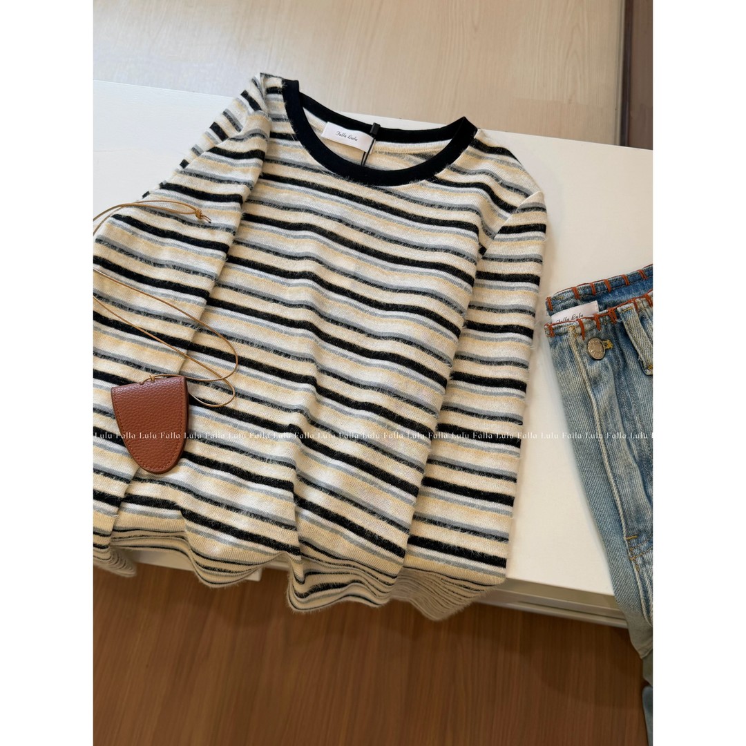 【英子家】条纹控~磨毛绒感T恤女宽松百搭显瘦长袖上衣女 T0301商品图