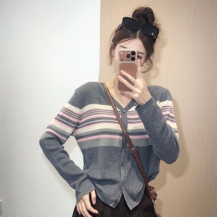 秋季新款韩版撞色条纹V领针织开衫女宽松显瘦气质百搭上衣商品图