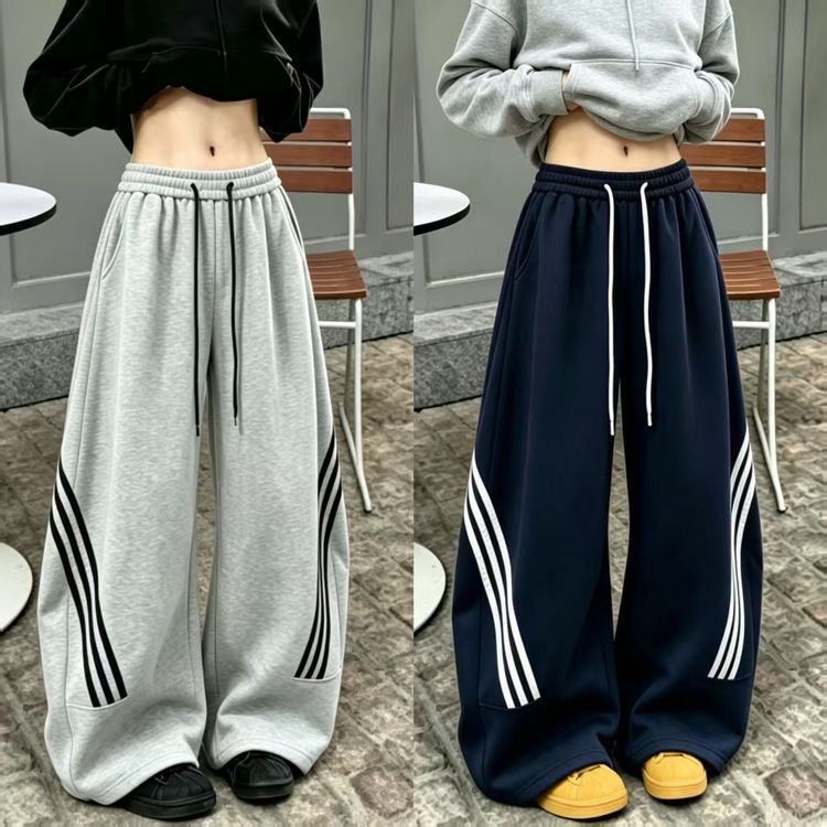 【原版+运费险】早秋美式三条杠高腰宽松显瘦条纹弯刀休闲伞兵裤商品图