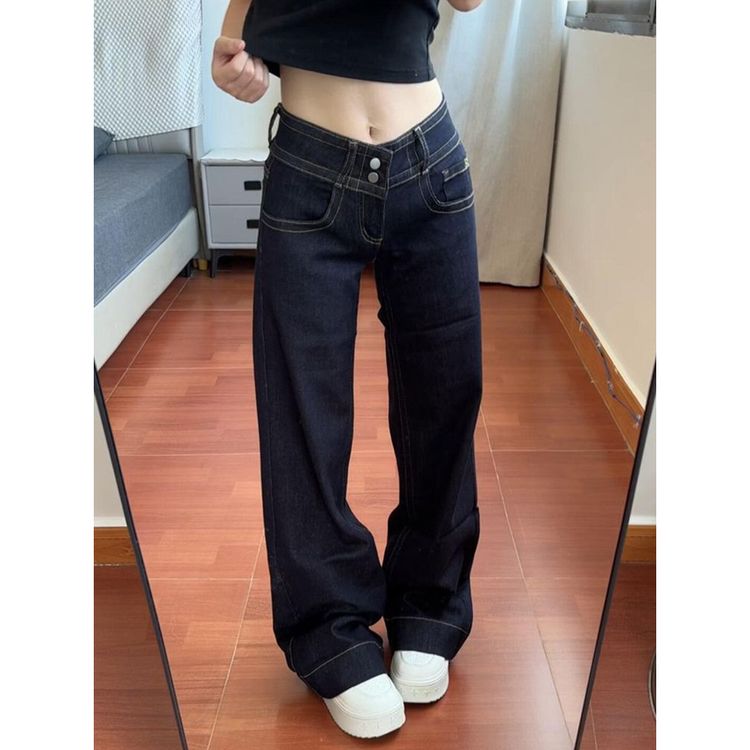 美式双腰扣不贴腿微喇牛仔裤女2026新款小众显瘦百搭低腰直筒裤子商品图