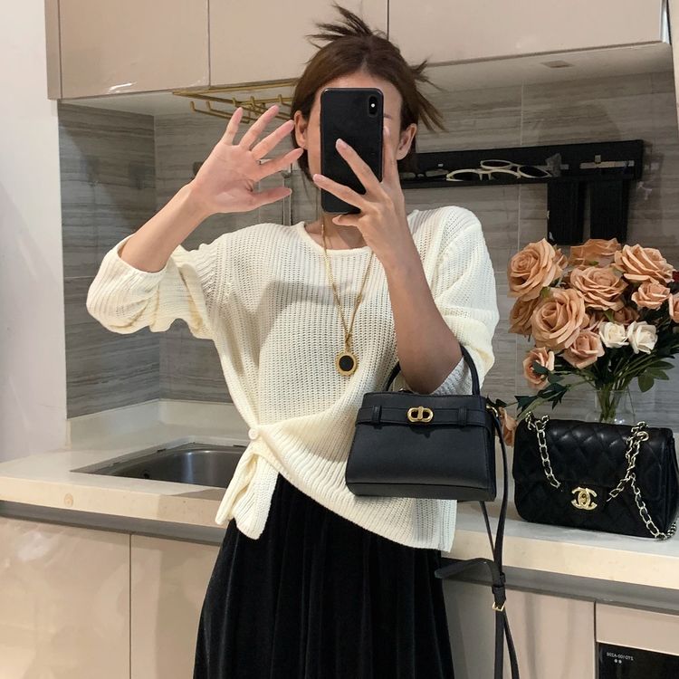 韩系设计感下摆提扣针织衫女春秋新款百搭简约休闲纯色毛衣T9323商品图