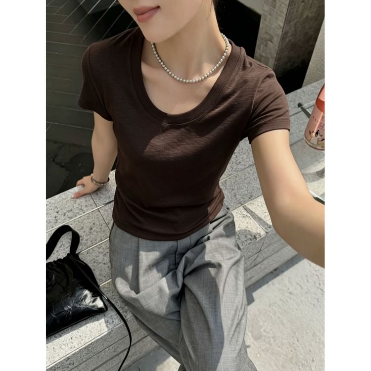 纯色U领简搭竹节棉短袖t恤女夏季新款修身气质显瘦百搭时尚上衣商品图