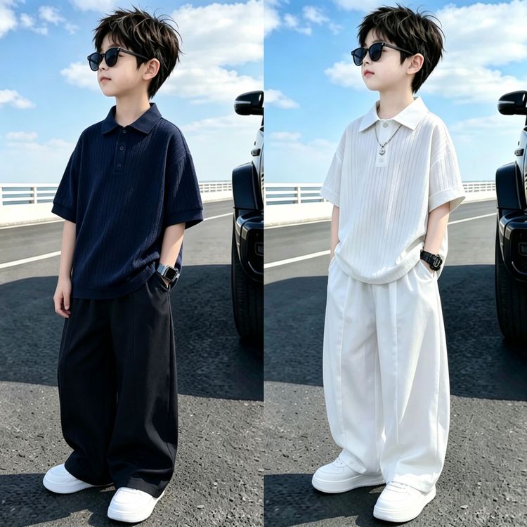 男童夏季新款老钱风短袖套装中大童港风休闲运动夏装薄长裤两件套商品图