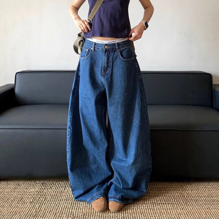 大码美式弯刀廓形慵懒牛仔裤女秋季复古宽松原色阔腿高腰显瘦长裤商品图