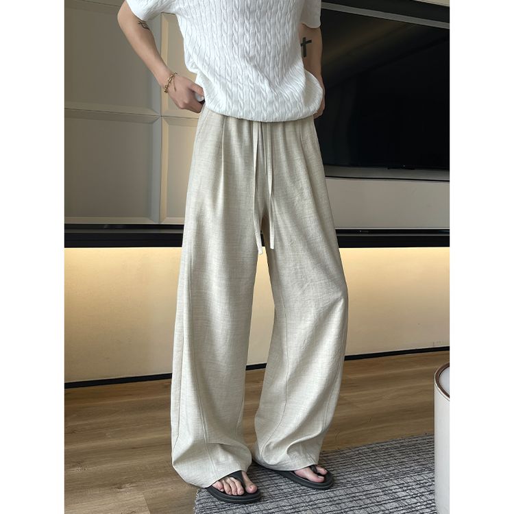 老钱风仿亚麻裤子男女夏季轻薄慵懒风休闲弯刀裤垂感显瘦阔腿长裤商品图