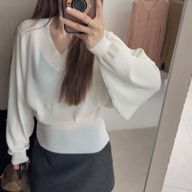 韩系穿搭v领蝙蝠袖套头毛衣女秋季宽松慵懒风收腰内搭打底针织衫商品图