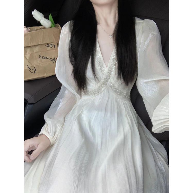  小香风高级感礼服长裙女收腰显瘦气质V领绝美超仙烫钻连衣裙8311商品图