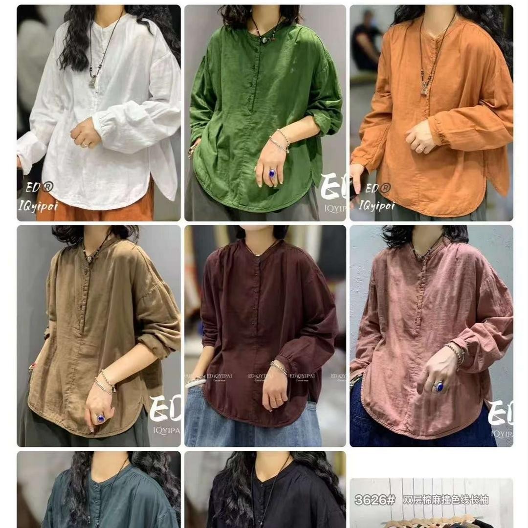 100%棉 编码《W101-300》全棉双层纱宽松女士夏季文艺减龄上衣气质商品图