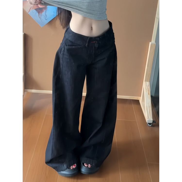 美式复古原牛色低腰直筒牛仔裤女夏季新款设计感宽松显瘦阔腿裤子商品图
