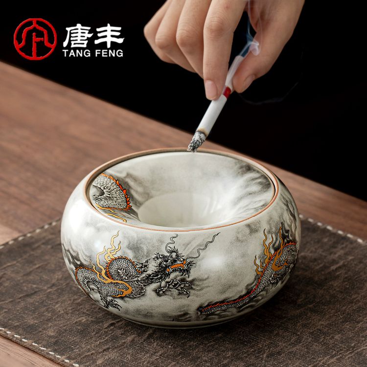 唐丰汝窑带盖烟灰缸家用中式复古墨龙防飞灰烟盅办公酒店茶具摆件商品图