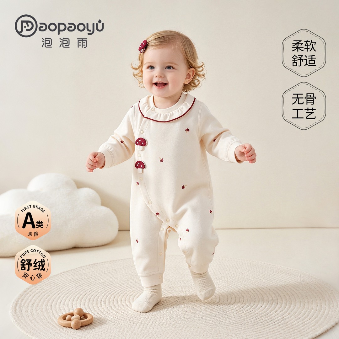 【泡泡雨】2026新春款0-15个月真舒绒打底新生婴儿甜心小贝偏开哈衣商品图