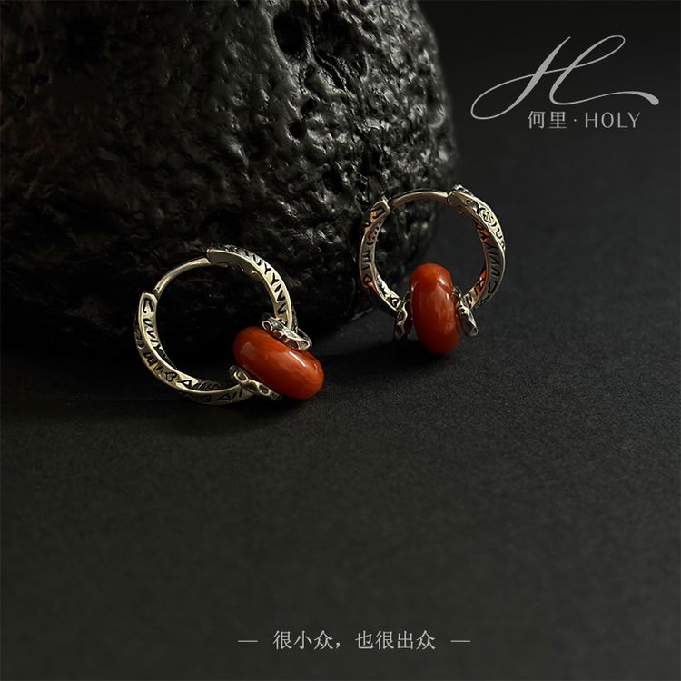 【赤芒】原创设计小众个性莫比乌丝环复古文艺风南红925银耳圈耳环商品图