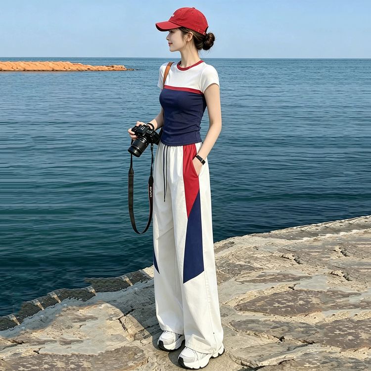 欧洲站运动套装女夏季2026新款时尚洋气修身拼色短袖阔腿裤两件套商品图