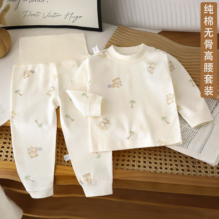 宝宝纯棉秋衣裤套装婴幼儿高腰护肚裤男女童米底家居服睡衣可开档商品图