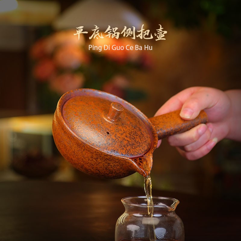 复古还原烧紫砂平底锅侧把泡茶壶紫砂壶大容量功夫茶道具侧把壶商品图