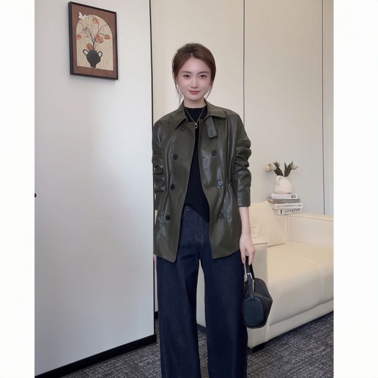 【 温馨WENXIN 】气质双排扣中长款皮衣女宽松廓形高级感外套商品图