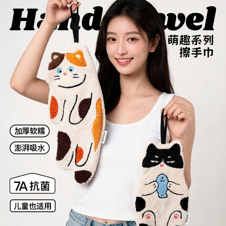 暖藻卡通猫咪7A抗擦手巾免打孔粘贴式可伸缩毛巾夹拉拉钩组合商品图