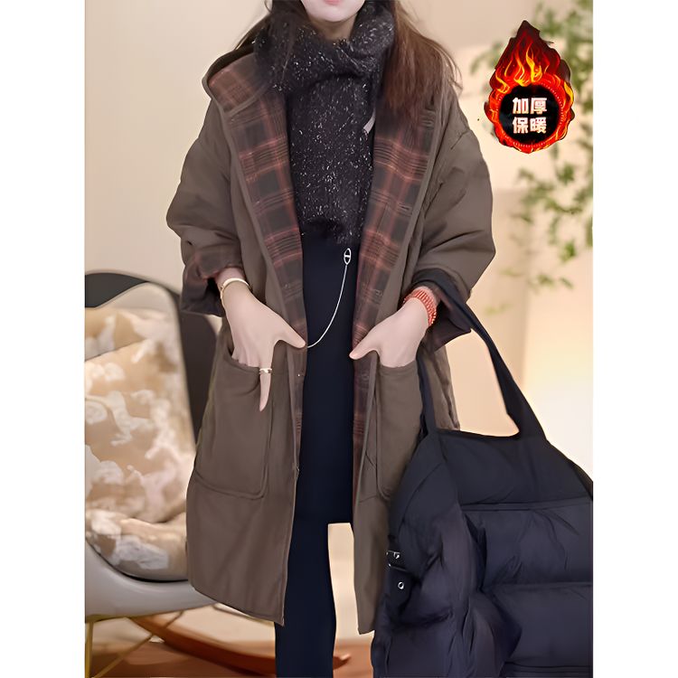 高档轻奢连帽棉服外套女2025秋冬新款大码宽松显瘦气质百搭中长款商品图