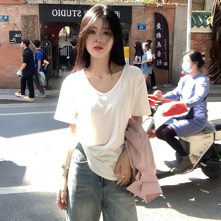 大U领正肩t恤女夏季白色短袖大领口宽松内搭上衣新款潮牌女装出片商品图