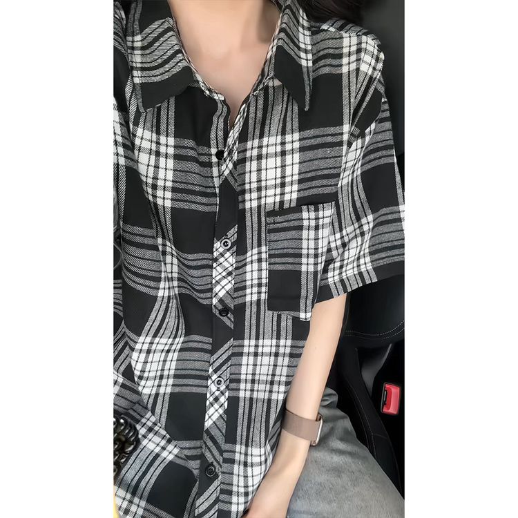 美式潮牌格纹短袖衬衫男格子衬衣薄款休闲宽松百搭帅气青少年潮
