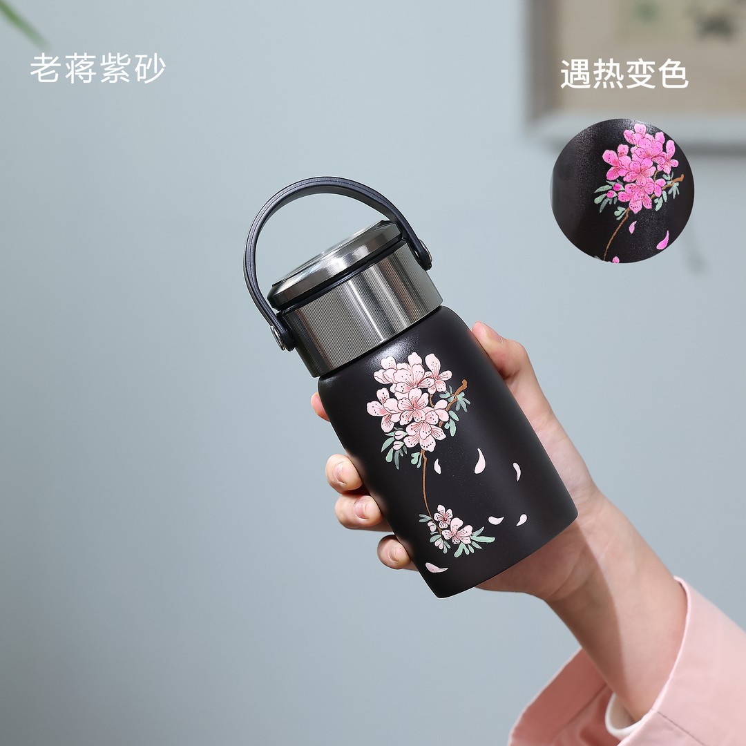宜兴紫砂石黄直筒手绘海棠花 紫砂杯车载杯 无杯套商品图
