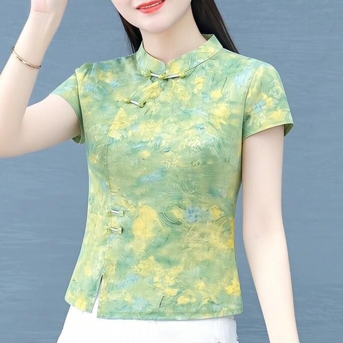 2026夏季新中式立领盘扣短袖衬衫女时尚拼接印花小衫洋气上衣商品图