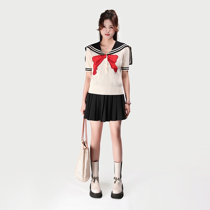 JYZZ0127时尚海军领短袖蝴蝶结针织衫女2026年夏季薄款百搭上衣商品图