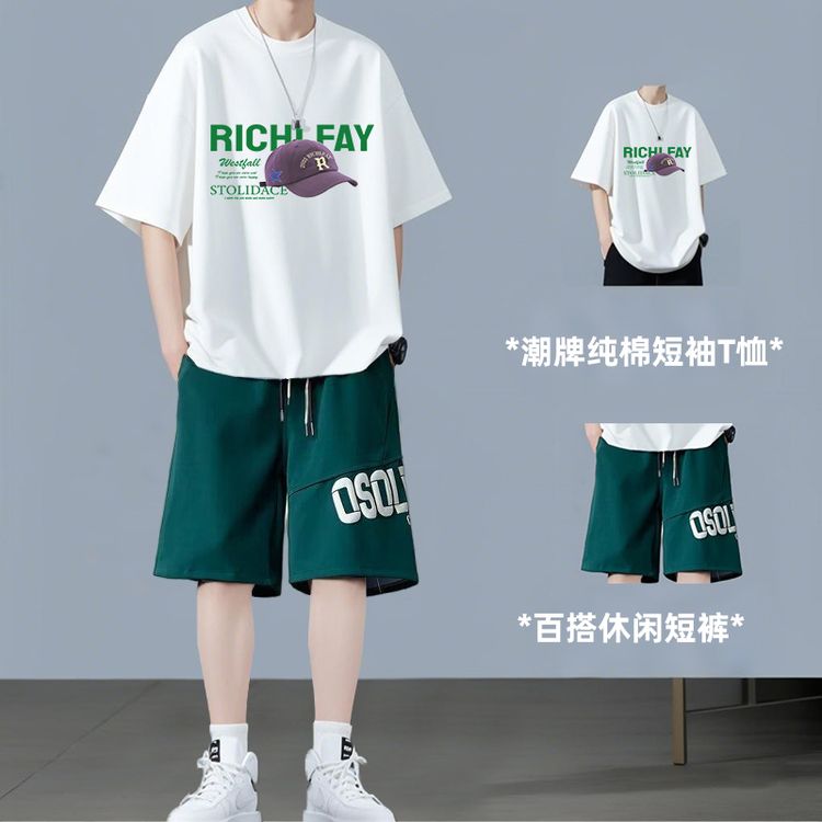 霄桂姿纯棉短袖t恤套装男夏薄款青少年卡通印花休闲短裤男士夏装商品图