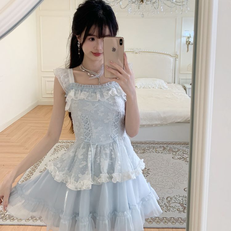 花崎鹿 椿野初见千金风甜美少女短裙蓝色连衣裙女夏蛋糕裙约会仙商品图