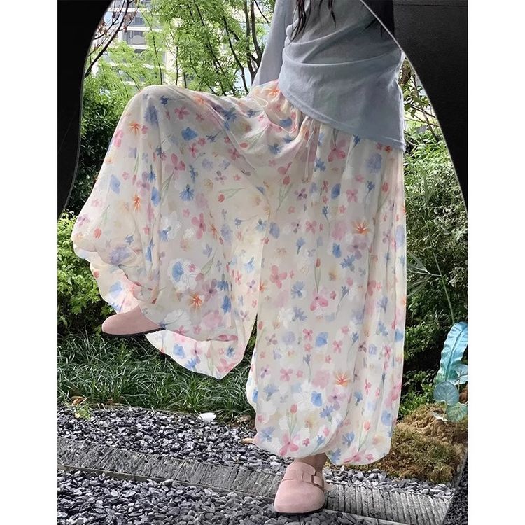 针距甜美彩色碎花花苞裙裤女2026夏休闲温柔高腰显瘦阔腿蓬蓬裤裙商品图