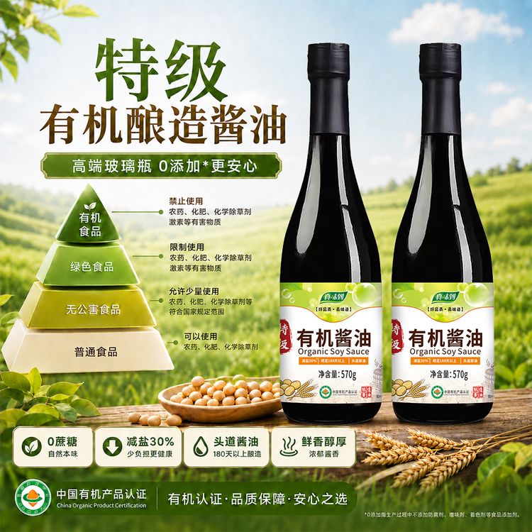 【拍2瓶送2瓶】「真味到」高端玻璃瓶有机酱油0添加纯粮酱油减盐特级蘸料炒菜酿造商品图