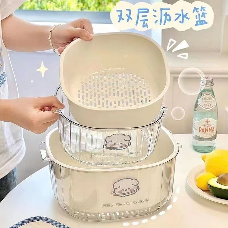 透明沥水洗菜盆厨房多功能洗米宝宝果蔬沥水篮家用碗盆套装神器商品图