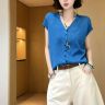 夏季新款简约纯色单排扣V领短袖针织上衣女洋气减龄薄商品图