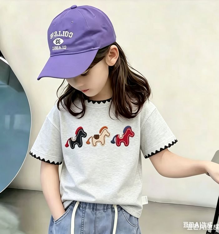 钩花卡通印花女童夏季新款2026新款时髦打底衫上衣