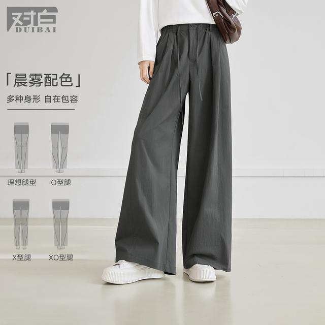 对白压褶显瘦直筒休闲裤女2026春季新款设计感松紧腰宽松阔腿长裤商品图