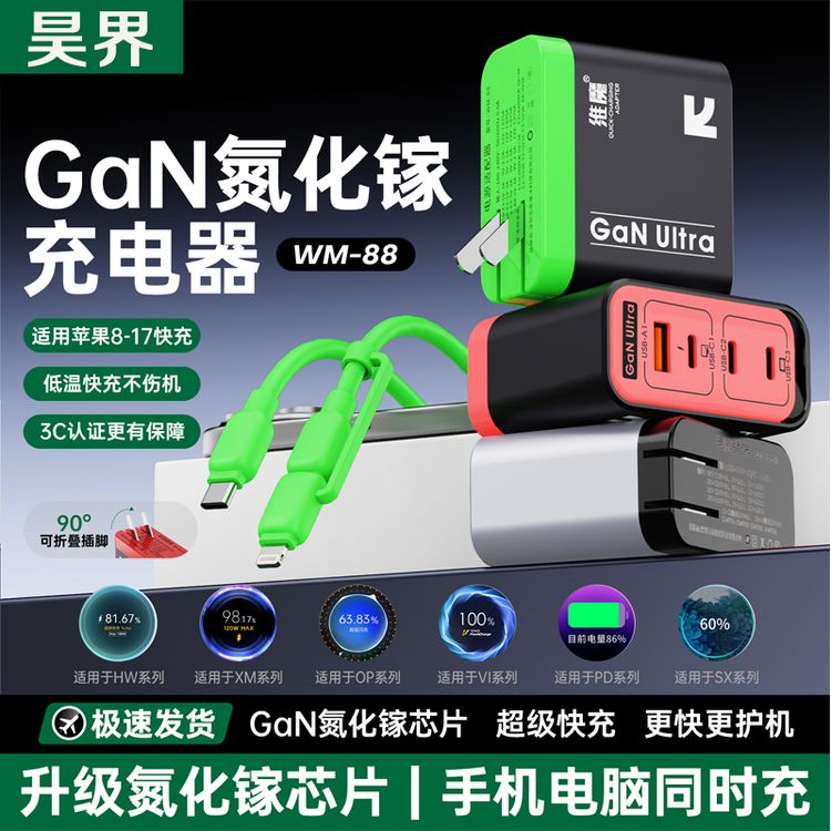 昊界氮化镓充电器四口全协议快充折叠插脚快充头套装苹果安卓通用商品图