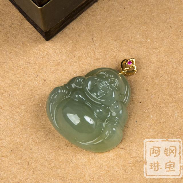 天然18k金镶玉和田玉晴水弥勒佛公吊坠25*25mm多样性发其一商品图