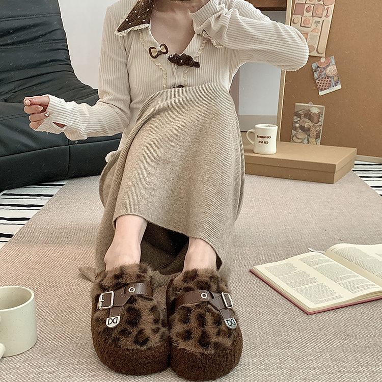 包头半拖鞋女2026秋冬新款8829半包豹纹保暖棉鞋外穿厚底毛毛棉拖商品图
