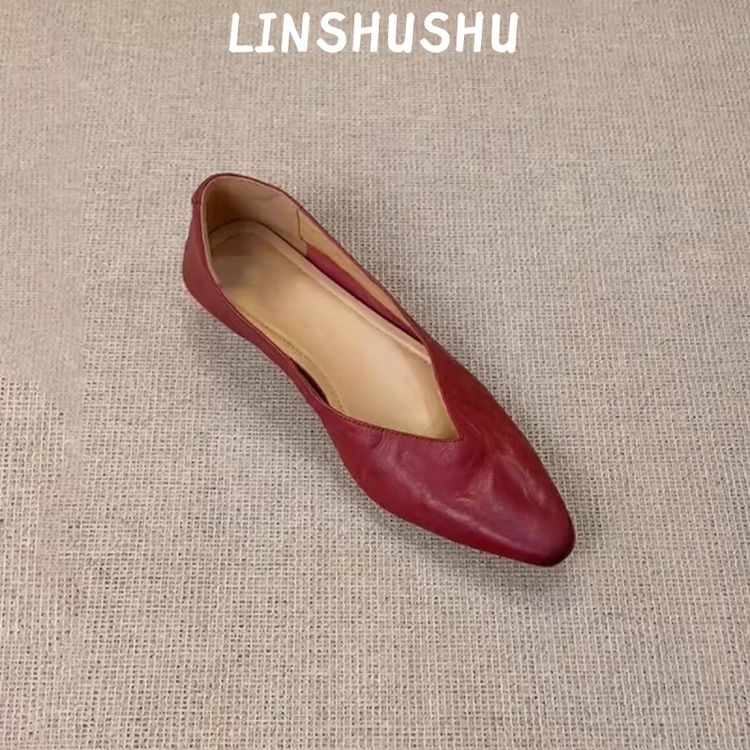 牛皮版~超软法式浅口一脚蹬单鞋女V扣百搭通勤复古简约气质平底鞋商品图