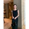 高定黑色无袖褶皱收腰连衣裙女2026夏季新款法式圆领显瘦长款裙子商品图