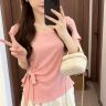 【优质棉】绑带法式减龄正肩短袖T恤女夏季显瘦气质不规则上衣6013商品图
