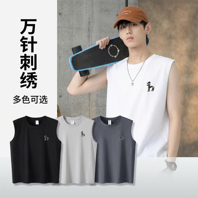 万针刺绣夏季新款潮流时尚男女款舒适短袖圆领无袖T恤商品图