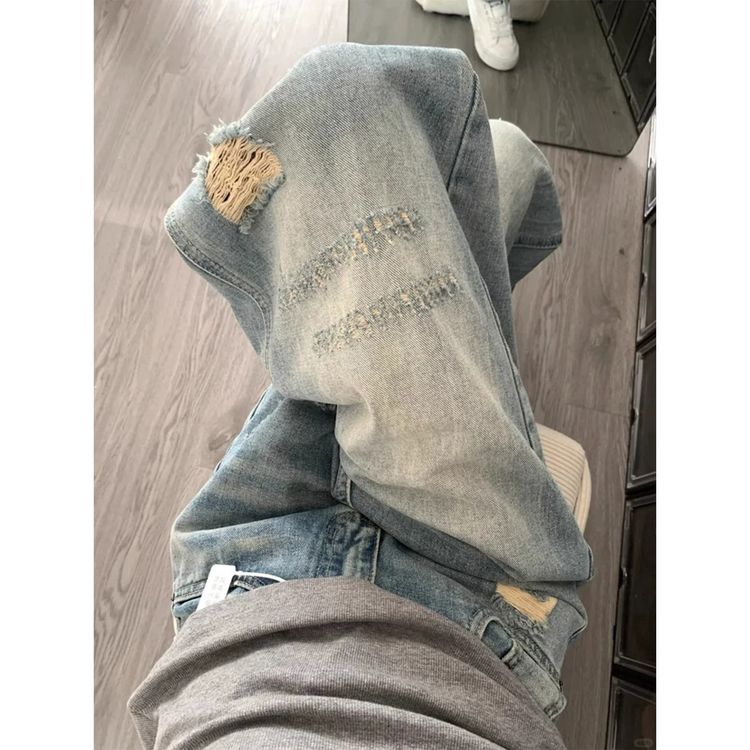 美式复古磨水洗破阔腿牛仔裤女2026秋季新款高腰宽松显瘦弯刀裤子商品图