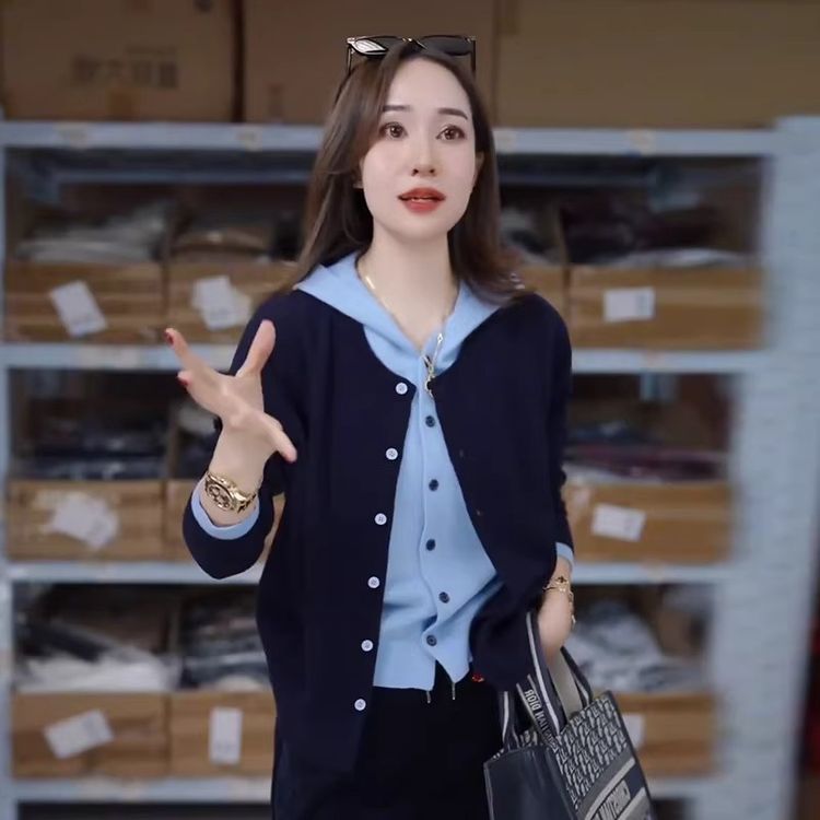 大码连帽假两件针织衫女春季胖MM显瘦宽松慵懒风长袖毛衣开衫上衣商品图