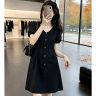 黑色V领泡泡袖单排扣连衣裙女夏大口袋宽松显瘦气质通勤短款A字裙商品图