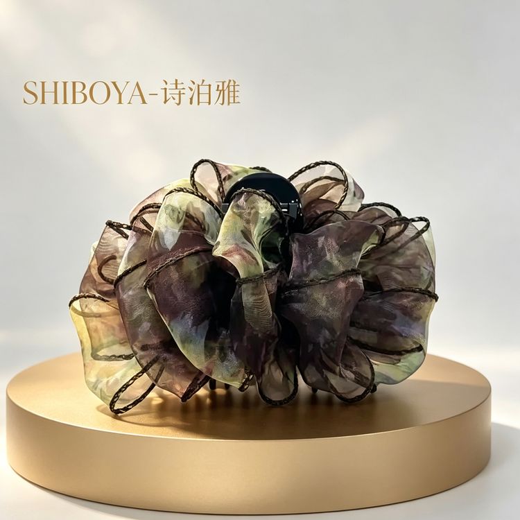 诗泊雅·高定法式油画风印花雪纺抓夹轻奢荷叶边纱质温婉鲨鱼夹商品图