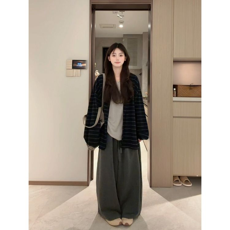 宽松慵懒松弛风条纹开衫长袖外套显瘦宽松长裤套装63659+60512商品图